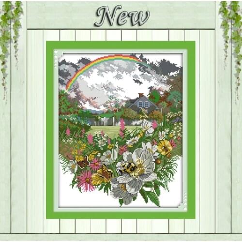 The after rain rainbow flowers paintings Counted print on fabric DMC 14CT 11CT NKF Embroidery Sets Cross Stitch Needlework kits
