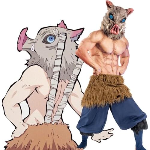 Demon Slayer Kimetsu No Yaiba Hashibira Inosuke Cosplay Costume Primitive Barbarian Caveman Pants Wool Skirt Pig Furry Mask