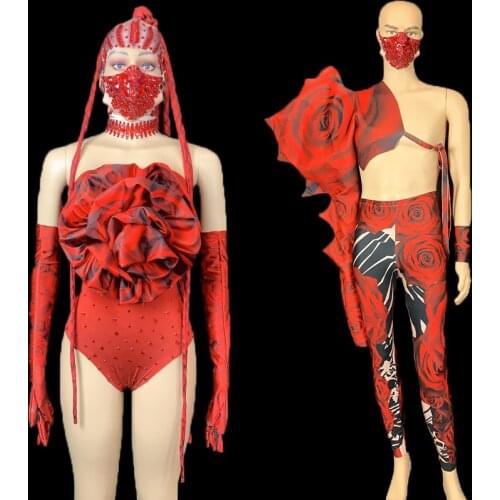 Valentines Day Party Show Men Women Dance Costume Red Rose Flower Crystals Bodysuit Nightclub Bar DJ Dancer Stage Wear DNV13594