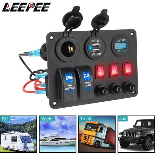Multifunction Car Marine RV Circuit LED Breaker 2+3 Gang Rocker Switch Panel Combination With Overload Protector For RV Marine