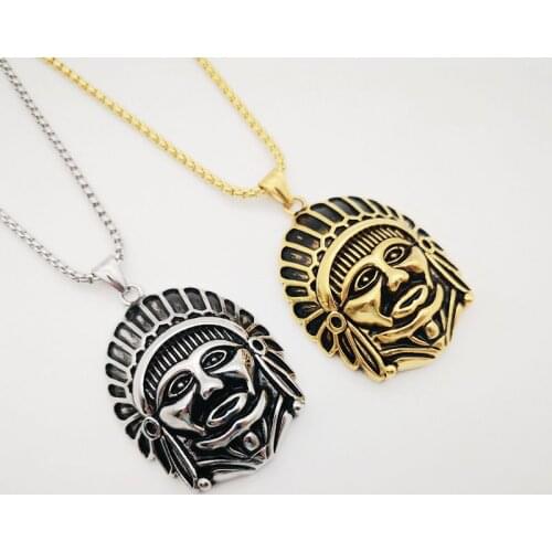 2019 New Retro Gold COLOR stainless steel mens chain necklace Vintage Exotic Indian chief charm pendant necklace men hip hop