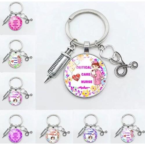 Latest Home Stethoscope Nurse Syringe Picture Keychain 25mm Round Convex Glass Dome Pendant Men And Women Fashion Charm Keychain
