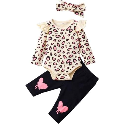 Spring and Autumn New Baby Girl Leopard Print Cute Flying Sleeve + Long Pants Three-piece Romper Set