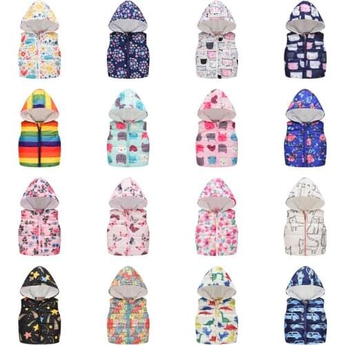Autumn Winter Fashion Boys Girls Sleeveless Hooded Vests Jacket Cartoon Printed Coats Kids Warm Cashmere Vest Outerwear Clothing