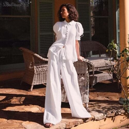 Mnealways18 Summer Women Cotton Linen Pants Casual Ladies Casual Wide Leg Trousers White Elastic Waist Pants Loose Holiday Wear