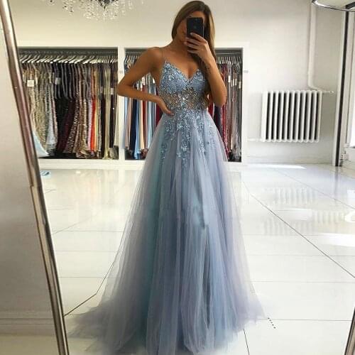 Blue Spaghetti Strap Evening Dresses Long 2021 Lace Beading Prom Gowns Floor-Length Custom Tulle High Quality vestido de fiesta