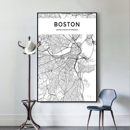 Modern Nordic Boston Map Canvas Paintings Wall Art Pictures Living Room Black White City Map Posters and Prints for Home Decor