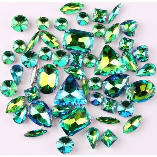 Silver claw settings 50pcs/bag shapes mix Fruit green rainbow glass crystal sew on rhinestone wedding dress shoes bags diy trim