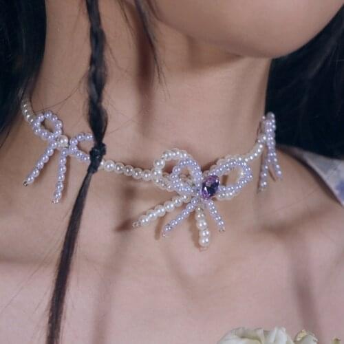 MENGJIQIAO Korean Elegant Pearl Bowknot Choker Necklace For Women Lady Fashion Purple Crystal Wedding Bijoux Colares Jewelry