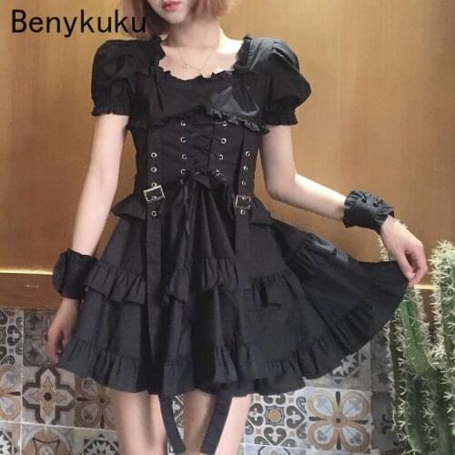 Retro Chic Punk Style Women Black Gothic Lolita Dress Victorian Renaissance Puff Sleeve Bandage Mini Dress Japanese Girl Dresses