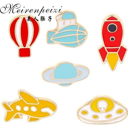 Meirenpeizi Pins and brooches Space Boat ,dolphin ,rocket pins hot air balloon pins Badges Hard enamel lapel pin jewelry