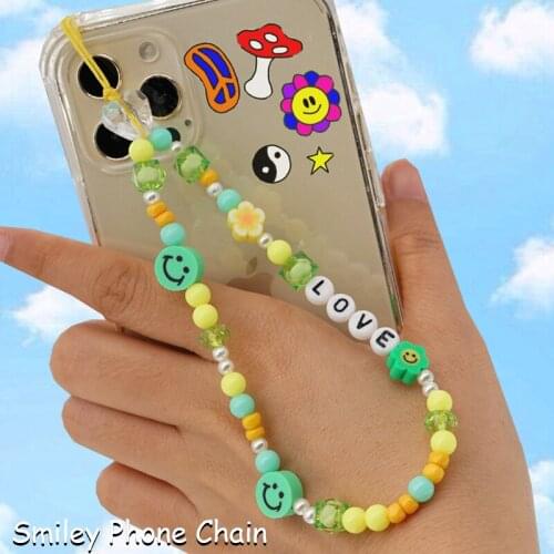 Y2K Accessories Rainbow Beads Smiley Letter Phone Chain for Women Flower 2000s Fruit Keychain Charm Egirl Aesthetic Friends Gift