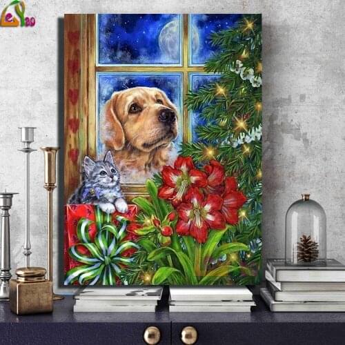 Diamond Painting Dog cat Diamond Embroidery Pomeranian 5D Round Mosaic Full Pictures By Numbers Rhinestones Christmas Landscape