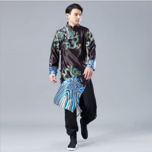 Retro Chinese Style Long Silk Clothes China Enthnic Costume Autumn Embroidery Dragon pattern chinese traditional Long Gown Robe