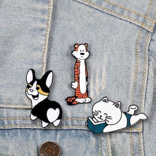 Cartoon Animal Label Pins Cat Dog Tiger Brooches Enamel Denim Shirt Cute Brooch Metal Buttons Badges Jewelry Best Firend Gifts
