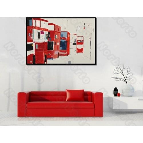 Modern Style Canvas Painting Wall Poster Hand-Painted Pictures Big Citys Red Buses for Living Room Bedroom Restaurant Decoratio