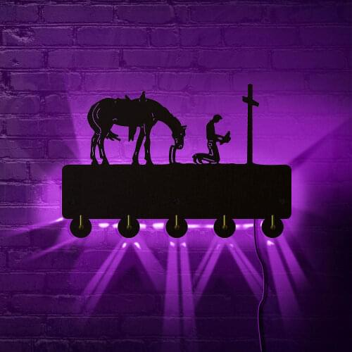 Christian Cowboy Praying LED Wall Lighted Hook Traveler Kneeling at Cross With Horse Portrait Keys Hanger Coat Rack Towel Holder
