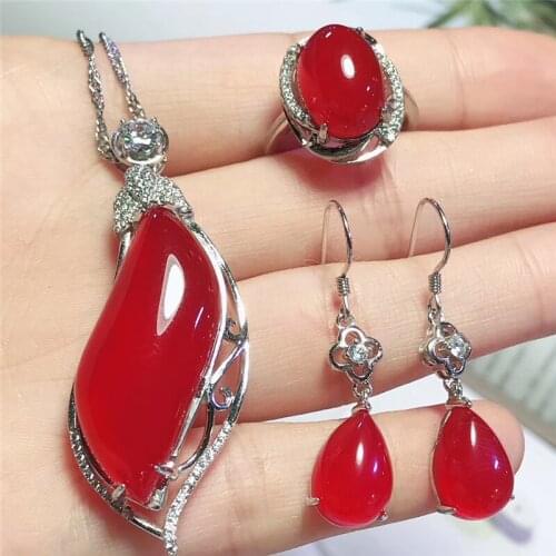 Jadery 925 Sterling Silver Necklace/Earrings/Ring Natural Red Jade Jewelry Sets For Women Party Jewelry Gifts bijoux femme 2019