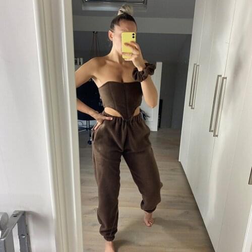 Brown Furry Bandage Crop Tube Top And Jogger Trouser Pant Suits Two Piece Set Womens Tracksuit Clothing 2021Solid Summer Outfit