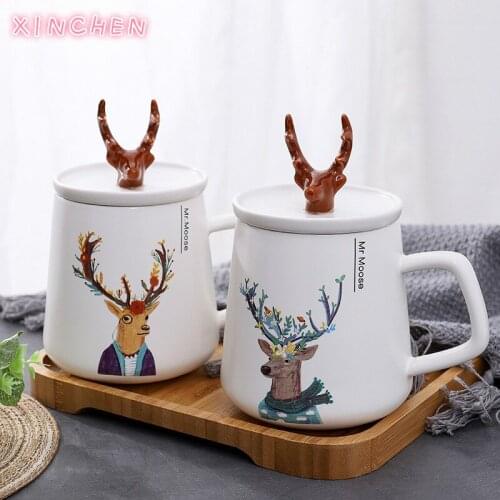 Nordic Style Creative Antler Ceramic Cup with Lid Cartoon Mug Student Couple Water Cup Coffee Cup Cute Coffee Mugs and Cups