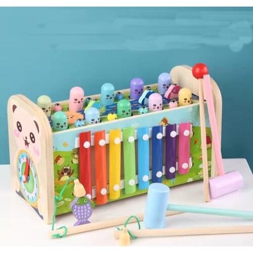 Best Kids Gift Wooden Montessori Play Whack-a-Mole Toy Kids Fishing Game Music Ducational Toy Baby 13 Months Early Learning