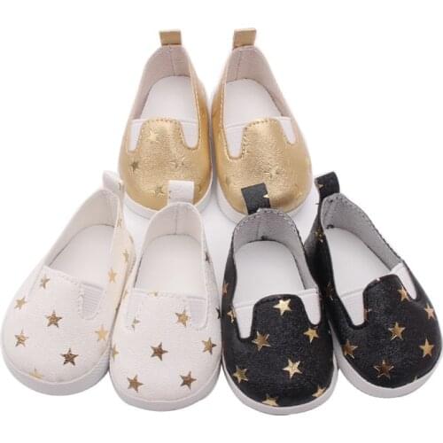 Fashion Round Head PU Leather White/Black/Golden Star Design Doll Shoes For 43cm Baby Doll Accessories Kids Girl Gift Toy