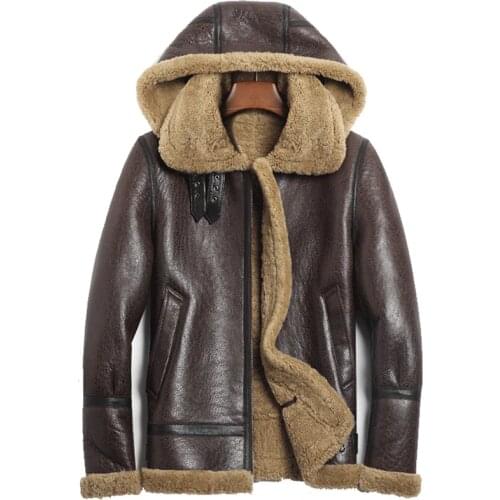 Denny&Dora Hooded Brown Shearling Jacket Mens Aviator b3 Sheepskin Jacket