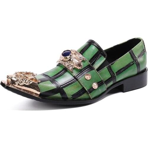 Summer and Autumn Casual New Mens Classic Fashion Shoes Personality Metal Toe Pointed Toe Cowhide Leather Lattice Mens Shoes