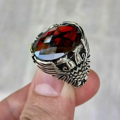 925 sterling silver Handmade jewelry red zircon stone mens ring all size