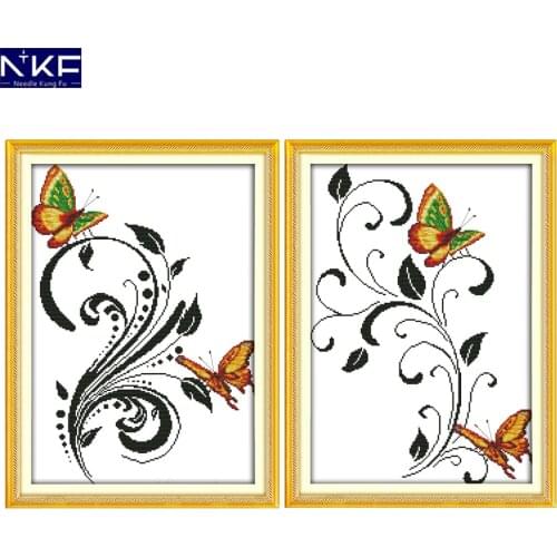 NKF Two Butterflies Cross Stitch Pattern Handmade Craft Needlework Cross-Stitch Embroidery Kit Cross Stitch for Home Decor