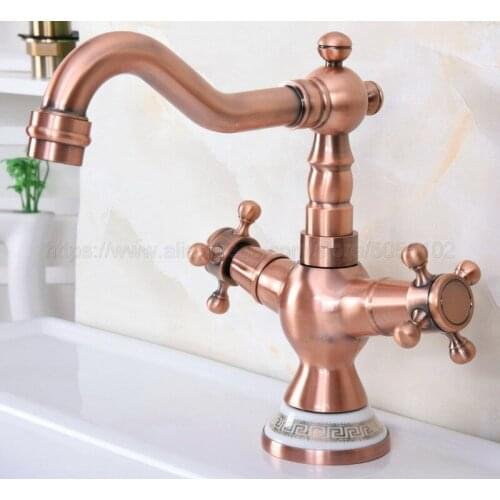 New Antique Red Copper Bathroom Sink Faucet 360 Degree Swivel Spout Double Cross Handle Bath kitchen Mixer Taps znf622