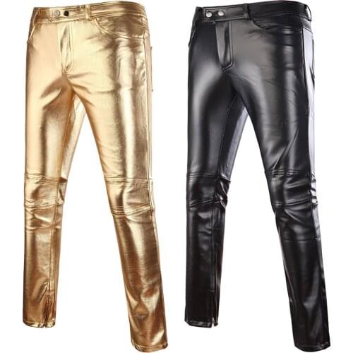 Autumn Winter Casual Men Solid Color Faux Leather Button Skinny Pants Motorcycle Club Trousers Performance Jeans Plus Size