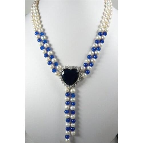 2 rows 7-8MM White Genuine Freshwater Pearl blue jade bead pendant necklace 18inches