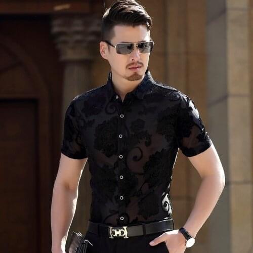 See Through Men Summer Shirt Tencel Cool Flower Sexy Transparent Shirt Men Lace Party Club Mesh Shirt Chemis Homme