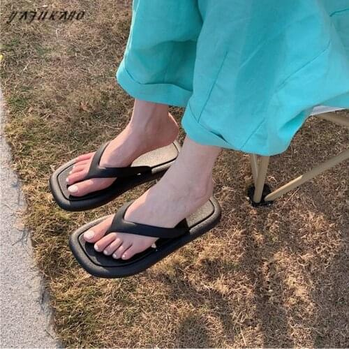 Simple Square Toe Flat Slides Korean Fashion Soft Bottom Comfort Flip Flops Summer Small Fresh Casual Beach Sandals Size 44 45