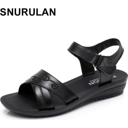 SNURULAN Classics Womens Sandals Genuine Leather Buckle Strap Flat With Mother Shoes Summer Slides Gladiator Women Footwear