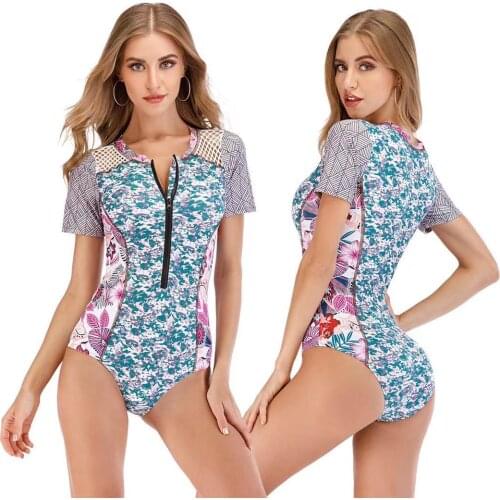 Sport Short Sleeve Rash Guard Women Print One Piece Swimsuit Zipper Swimwear Pad Bathing Suit High Neck Surf Clothes UV Protect
