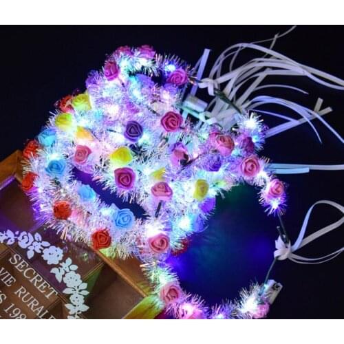 Led Flower Wreath garland gold silk colorful headband LED lights ribbon rattan fairy headdress Festival Wedding Party gift hot