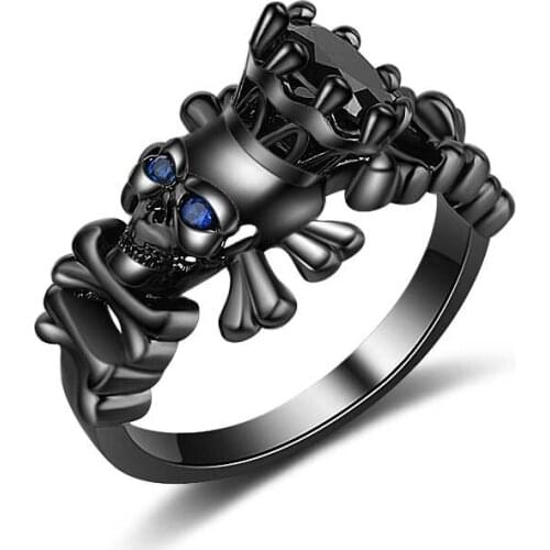 UFOORO Skull Ring Blue Zircon Eyes Punk Plating Black Gold Zircon Ring