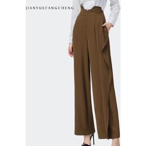 2021 Autumn New Women Brown Zip-Up Wide Leg Pants Ruffles Long Trousers Loose High Waist Thin Look Casual Korean Straight Pants