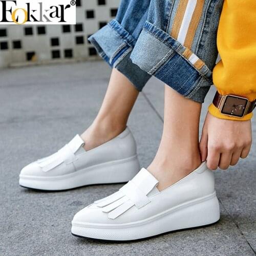 Eokkar 2019 Closed Toe High Heels Women Shoes Casual Tassel Black Ladies Pumps Rome Style Wedges Heels Platform Shoes Size 34-39