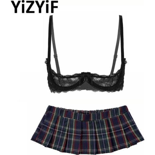 Women Exotic Two-piece Lingerie Sets Sexy Open Cup Bra and Pleated Mini Skirt Naughty See Through Role Play Underwear