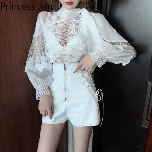 Black White Retro Women 2 Piece Sets Palace Style Bow Tie Neck Sexy Hollow Out Lace Shirt+High Waist PU Shorts 2pc Outfits Suits
