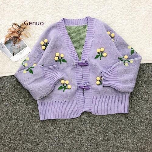 Women Knitted Cute Fashion Loose Sweater Spring Autumn V-Neck Lantern Sleeve Embroidery Floral Harajuku Female Cardigan