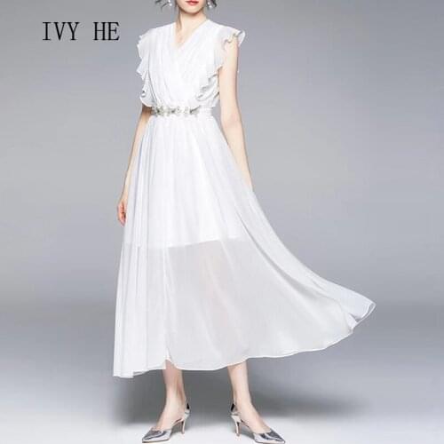 IVY HE High Quality Summer Dress Woman Clothing Beautiful Chiffon Beads Ruffles Holiday Long Dress Traf Robe ZA Party Dresses