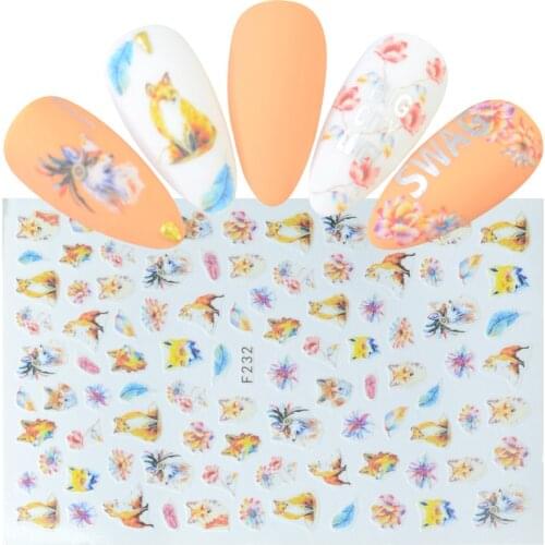 1 Sheet Nail Stickers 3D Embossed Feather Fox Flower Mixed Pattern Self-adhesive Transfer Decals Nail Art DIY Designs Decoration