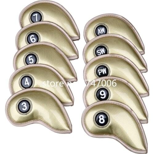 10PCS Golf Iron Headcover Head Cover with Closure New Thick PU Leather Golden Smooth Surface