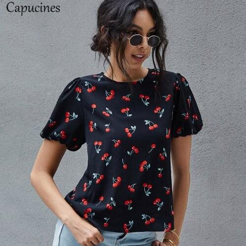 Capucines 2020 Summer Fashion Cherry Print Woman tshirts and Tops Vintage Puff Sleeves O neck T-shirt Casual Loose Black T Shirt