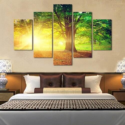 5 Pieces Hd Printed Canvas Painting Big Tree Under Yellow Sunrise Light with Green Leaves Poster for Home Rooms Wall Decoration