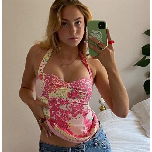 Bandage Halter Y2k Tops 2021 Summer Patchwork Floral Print Backless Crop Tops Fashion Hot Off Shoulder Sleeveless Sexy Tank Top